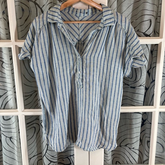 Dear John M Blue Striped Linen Pulloverer V-Neck Cap Sleeve Top - Picture 1 of 8